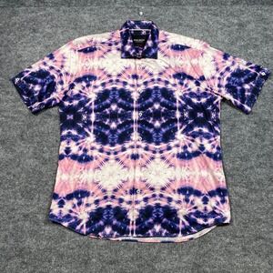 Maceoo Mens Tie Dye Short Sleeve Button Down Shirt Purple Pink XL Italian Fabric